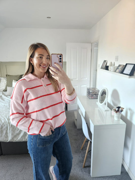 Pink and red rugby style knit