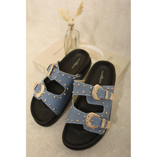 Evelyn Denim Studded Sandals