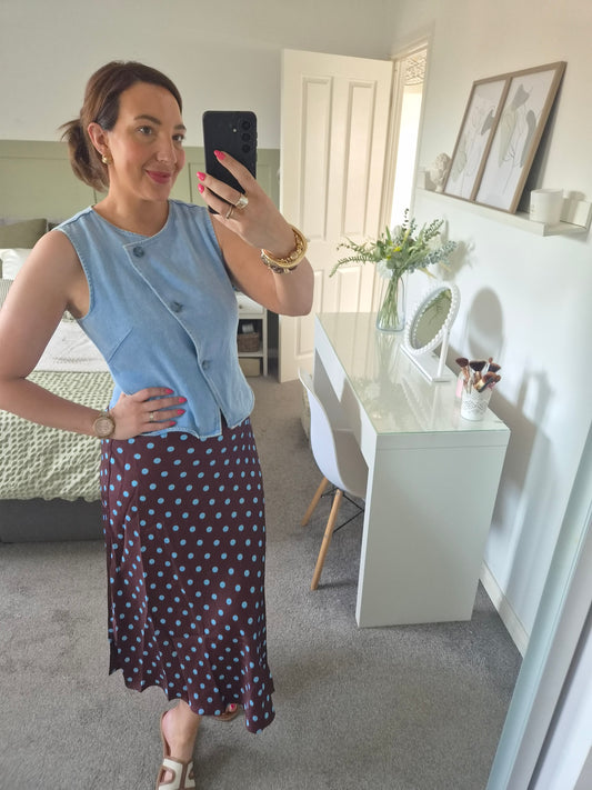 Brown and blue polka dot slip skirt