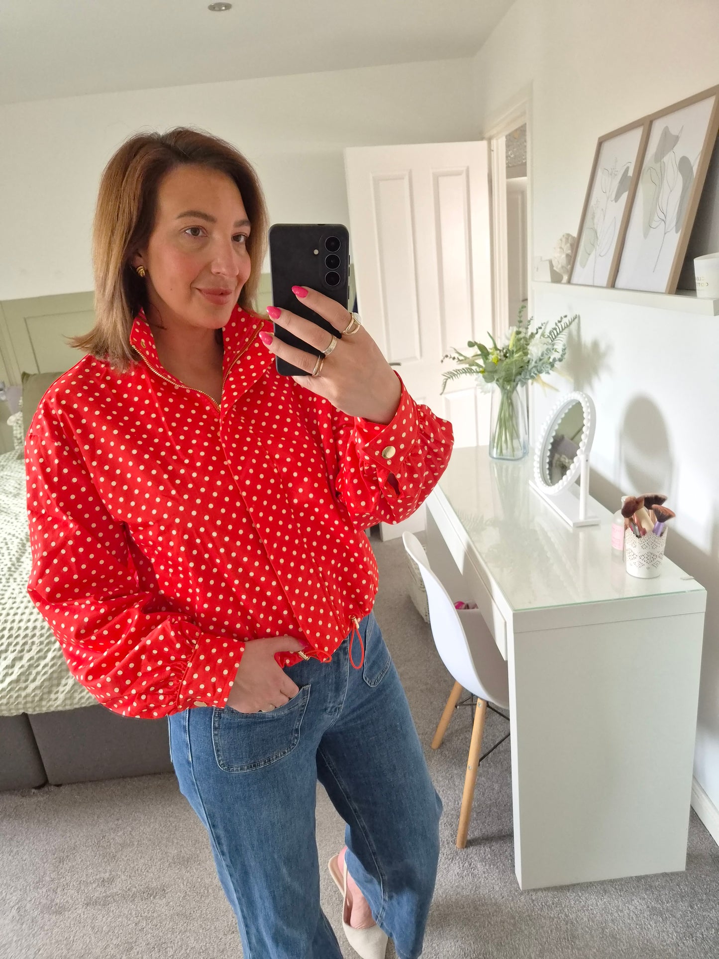 Red polka dot jacket